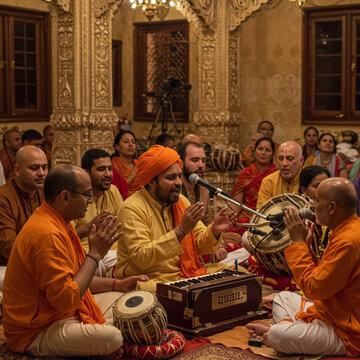 Devotees singing devotional hymns accompanied by traditional musical instruments.