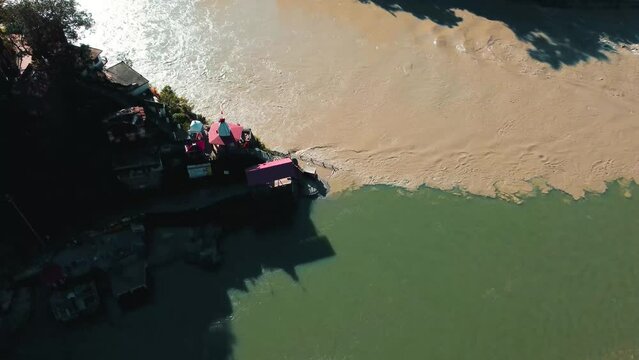 The sacred confluence of Alaknanda and Bhagirathi rivers at Devprayag, forming the Ganges near Rudraprayag.