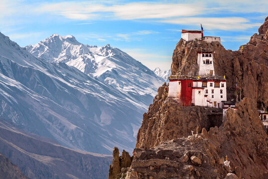 Ancient Dhankar Gompa perched on a cliff edge, a stunning monastery in the Lahaul and Spiti region.