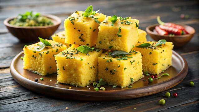 Soft spongy Dhokla steamed Gujarati snack served with green chutney and tempered seeds