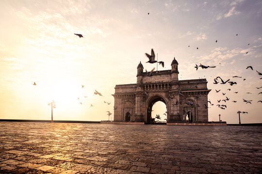 Majestic basalt arch monument overlooking Arabian Sea at Mumbai harbor built during 20th century