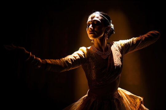 A graceful Kathak dancer performing intricate footwork and spins.
