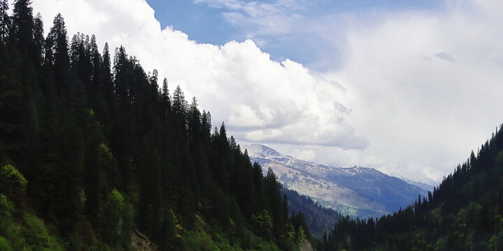 Panoramic view of lush green Kullu Valley surrounded by snow-capped Himalayas