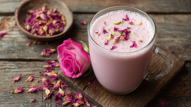 Refreshing tall glass of creamy Punjabi Lassi topped with malai and served chilled