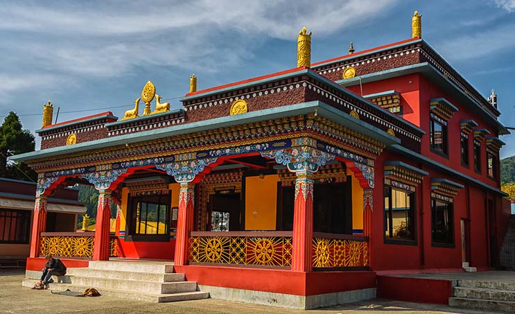 Misty mountain village with dense pine forests and traditional wooden houses along winding roads