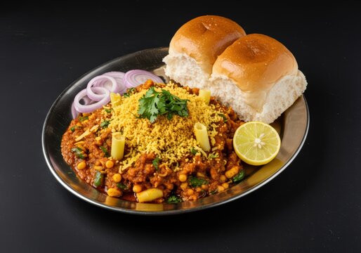 A spicy and flavorful bowl of Misal Pav topped with farsan and onions, served with a lemon wedge.