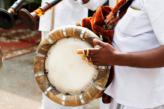 Musicians playing the traditional nagaswaram and thavil at a temple festival in Tiruchirappalli.