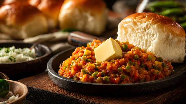 A hot serving of buttery Pav Bhaji with a side of soft bread rolls, garnished with chopped onions and coriander.