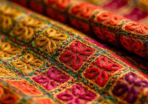 Intricate Phulkari embroidery on traditional Punjabi dupatta featuring colorful floral thread work