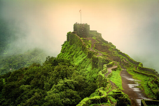 Historic battlements and walls inside the mighty Pratapgad Fort complex.