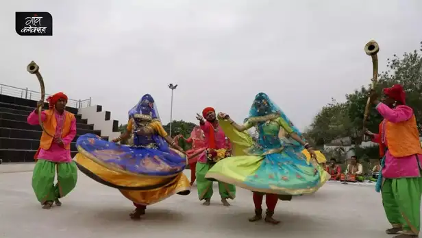 Dancers performing the energetic Rai Nritya, a traditional Bundelkhand folk dance.