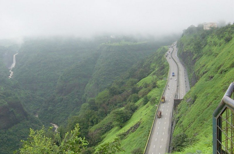 Panoramic view of Rajmachi Fort from expressway viewpoint, a popular places to visit Khandala for quick stopovers and photos.