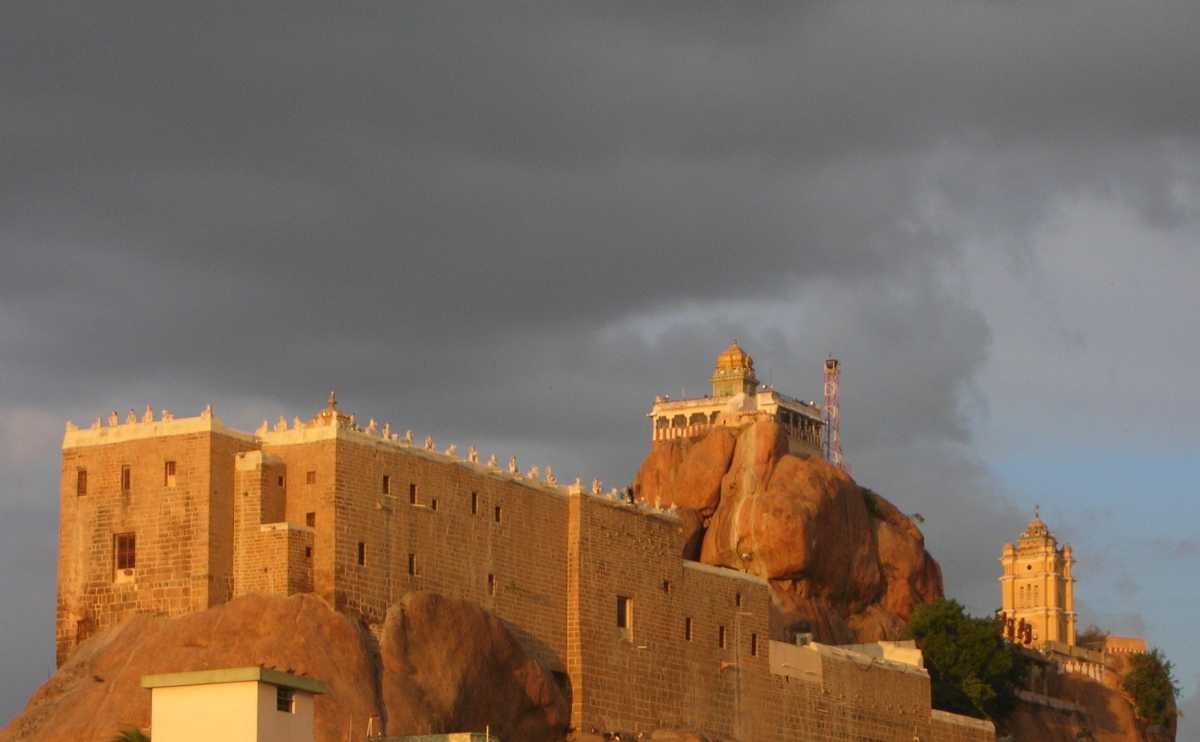 The ancient Rockfort Temple complex with its distinctive white gopuram.