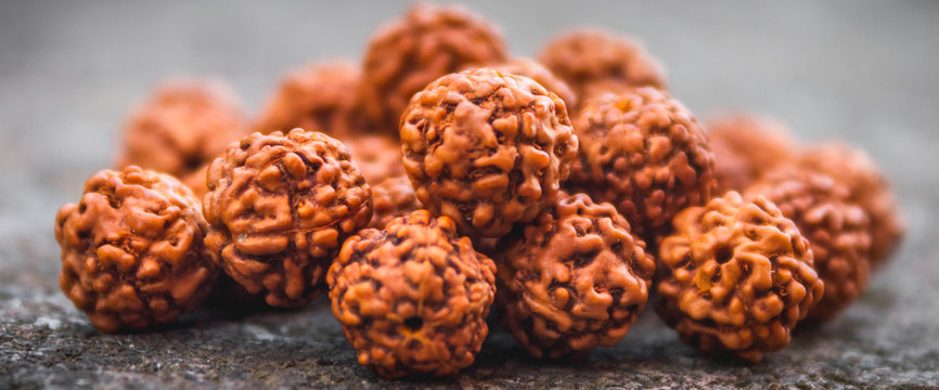 Sacred Rudraksha beads of various mukhi sold at shops near pilgrimage sites.
