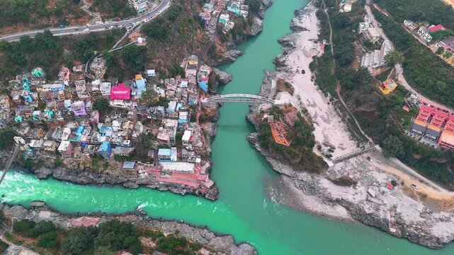 The holy meeting point of Alaknanda and Mandakini rivers at Rudraprayag, a significant pilgrimage destination.