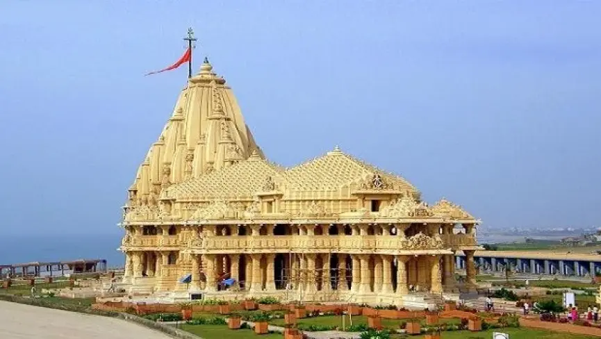 The magnificent shikharas of Somnath Temple by the Arabian Sea, visited from Junagadh.