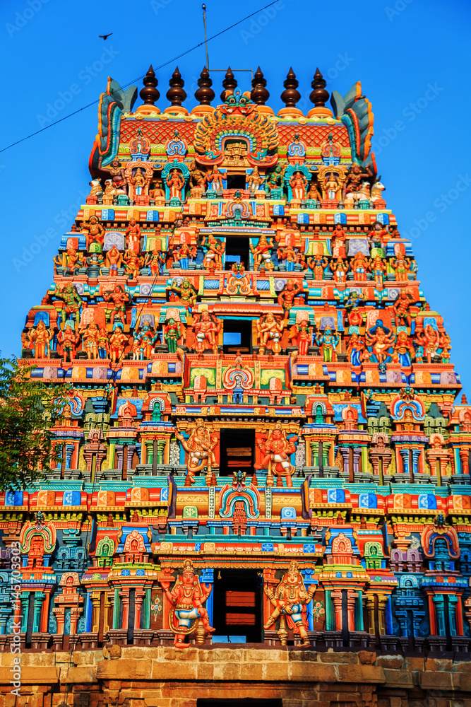 The intricately carved gopurams of Sri Ranganathaswamy Temple rising above the skyline of Tiruchirappalli.