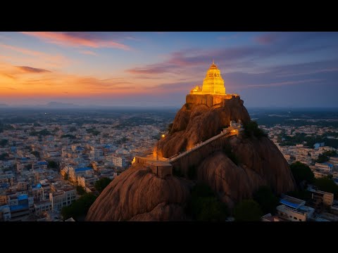 Pilgrims climbing the Rockfort Temple steps at sunrise to witness stunning views of Tiruchirappalli.