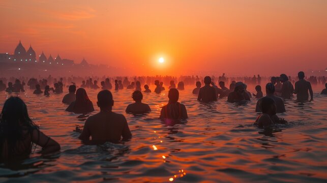 Pilgrims taking a holy dip at the confluence of Alaknanda and Mandakini rivers in Rudraprayag.