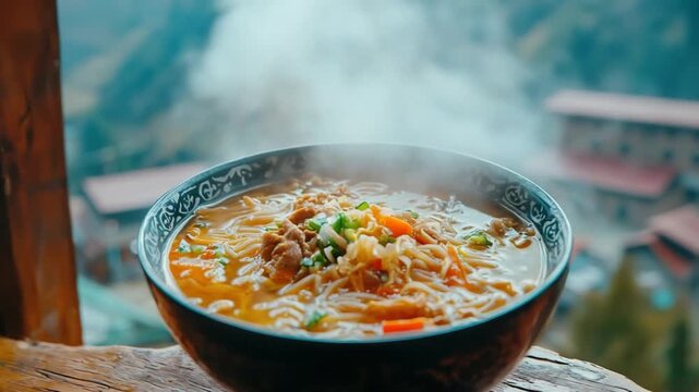 Hot noodle soup Thukpa Tibetan delicacy with vegetables and flavorful Himalayan broth