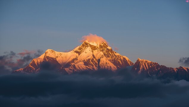 Breathtaking sunrise over Eastern Himalayas witnessed from Kalimpong hills with golden peaks
