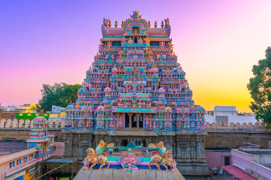 A vibrant temple festival procession with decorated deities on the streets of Tiruchirappalli.