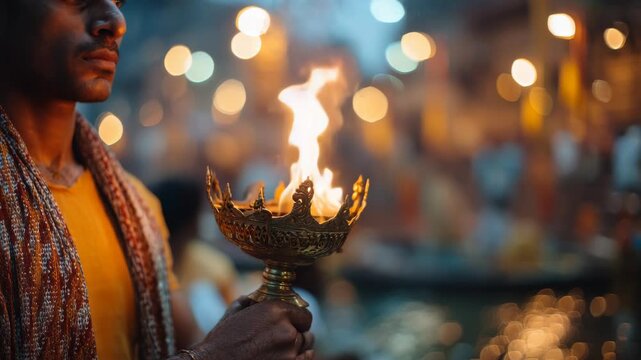 Devotees attending the evening Ganga Aarti at the sacred river confluence in Rudraprayag.