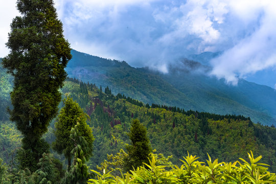 Majestic snow-capped Eastern Himalayan mountains overlooking the scenic hills of Kalimpong