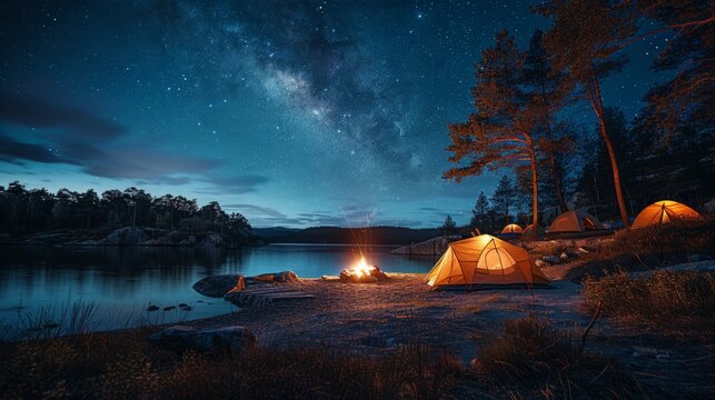 Orange tents pitched on a grassy riverbank at dusk, with campfire and stars reflecting on the water, Dawki