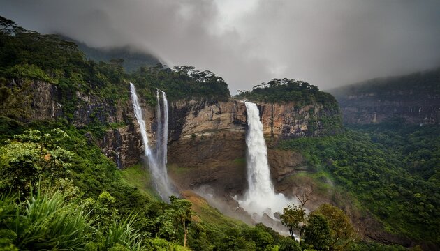 Multi-tiered waterfall cascading down green cliffs during monsoon, viewed from a distant lookout, near Dawki