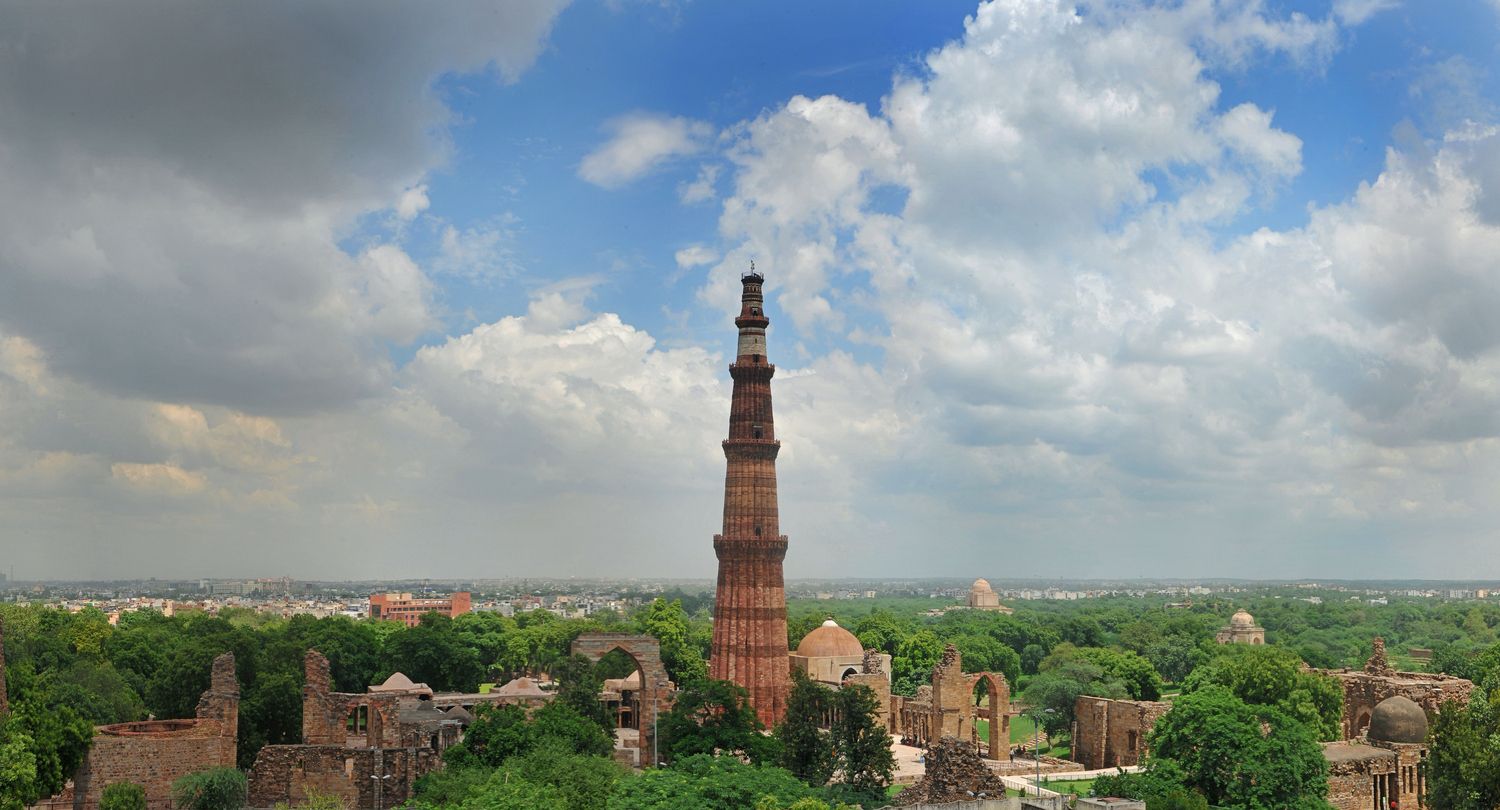 Aerial view of Qutub Minar and surrounding complex