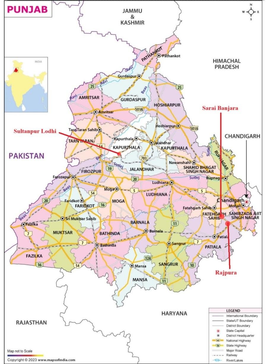 Location of the sarais in Punjab