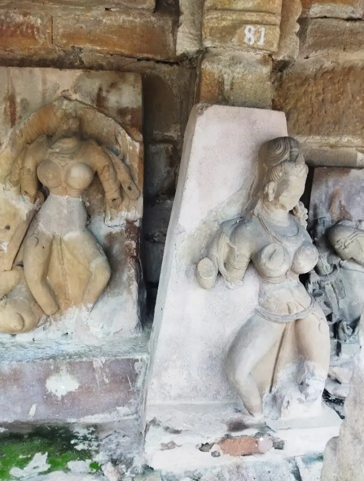 Damaged and fallen Yogini sculptures near niche number 81 at Chausath Yogini Temple Bhedaghat showing mutilation from historical vandalism