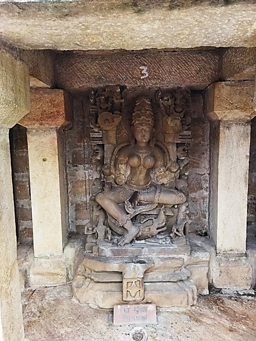 Well-preserved Kalachuri period stone sculpture of Sri Rushini Yogini in niche number 3 at Chausath Yogini Temple Bhedaghat with nameplate on pedestal