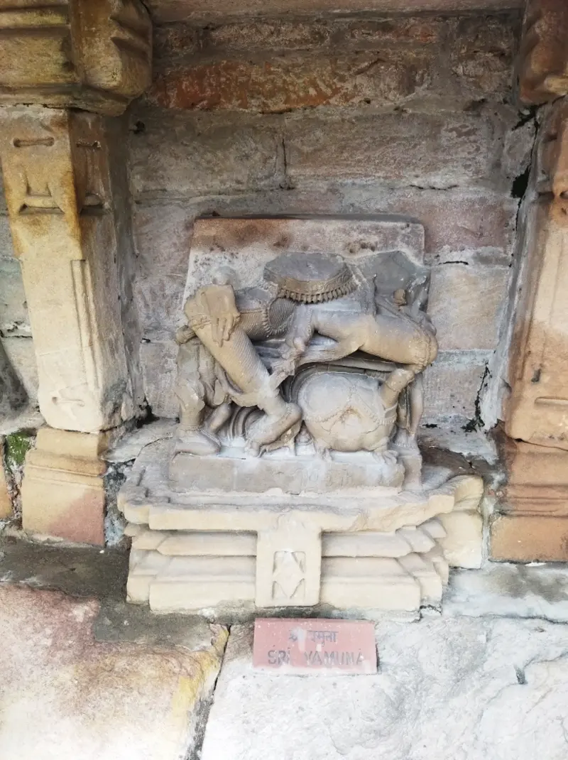 Stone sculpture of Sri Yamuna Yogini in a niche at Chausath Yogini Temple Bhedaghat with nameplate reading Sri Yamuna on the pedestal
