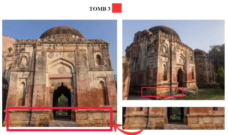 Tomb 3 facing towards East (left), constructed on an Elevated base (marked in Red)